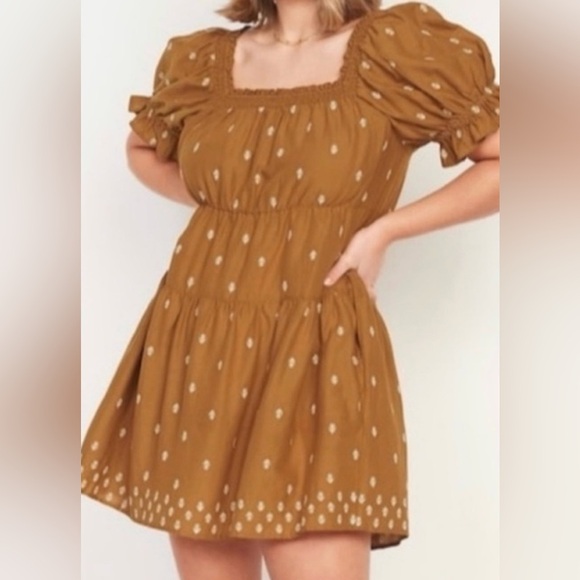 Old Navy Women Milkmaid Mini Dress Tiered Dainty Floral Embroidery Mustard sz 2X - Picture 1 of 12